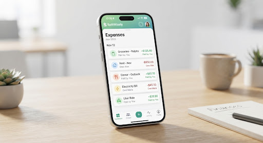 SplitWisely mobile app mockup showing expense list